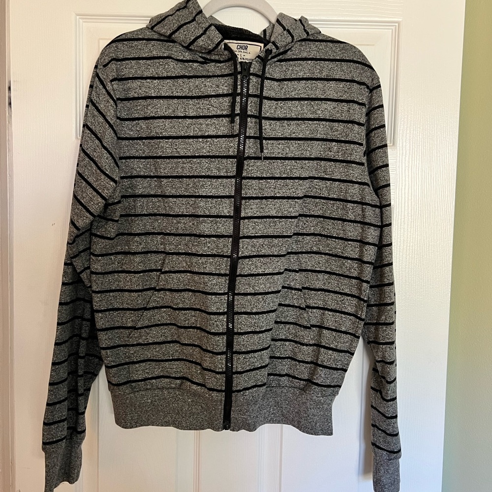 Grey and Black Striped Zip up. Size L